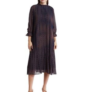 Blue and White Pleated Dress with Gathered Sleeves